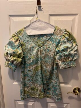 CeCe Floral Puff-Sleeve Dress Top - Aqua & Green